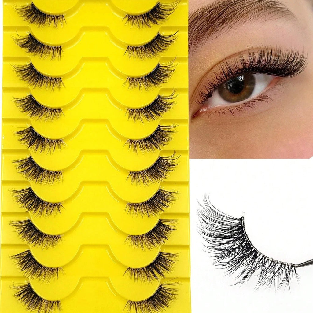 10 Pairs Wispy Cat Eye Faux Lashes — Natural Fluffy Volume for Everyday Glam - Mzunye