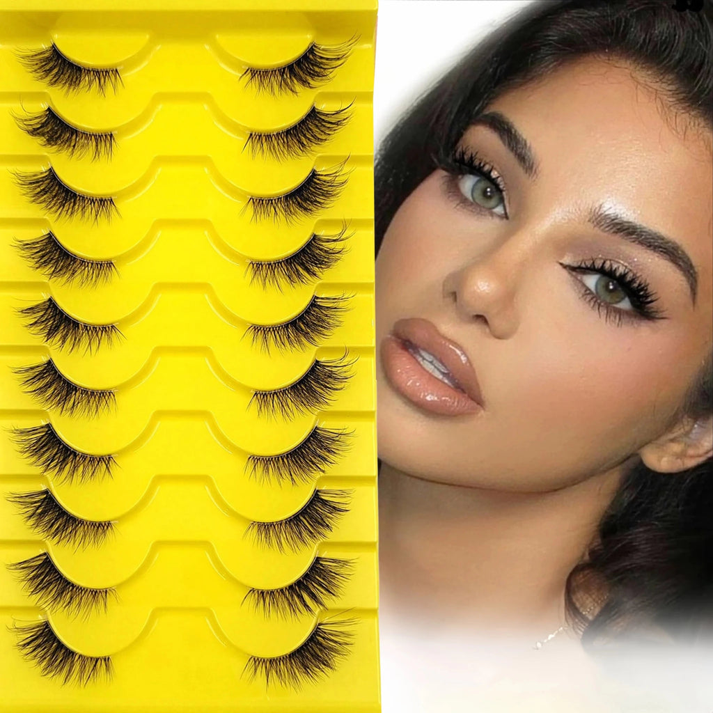 10 Pairs Wispy Cat Eye Faux Lashes — Natural Fluffy Volume for Everyday Glam - Mzunye