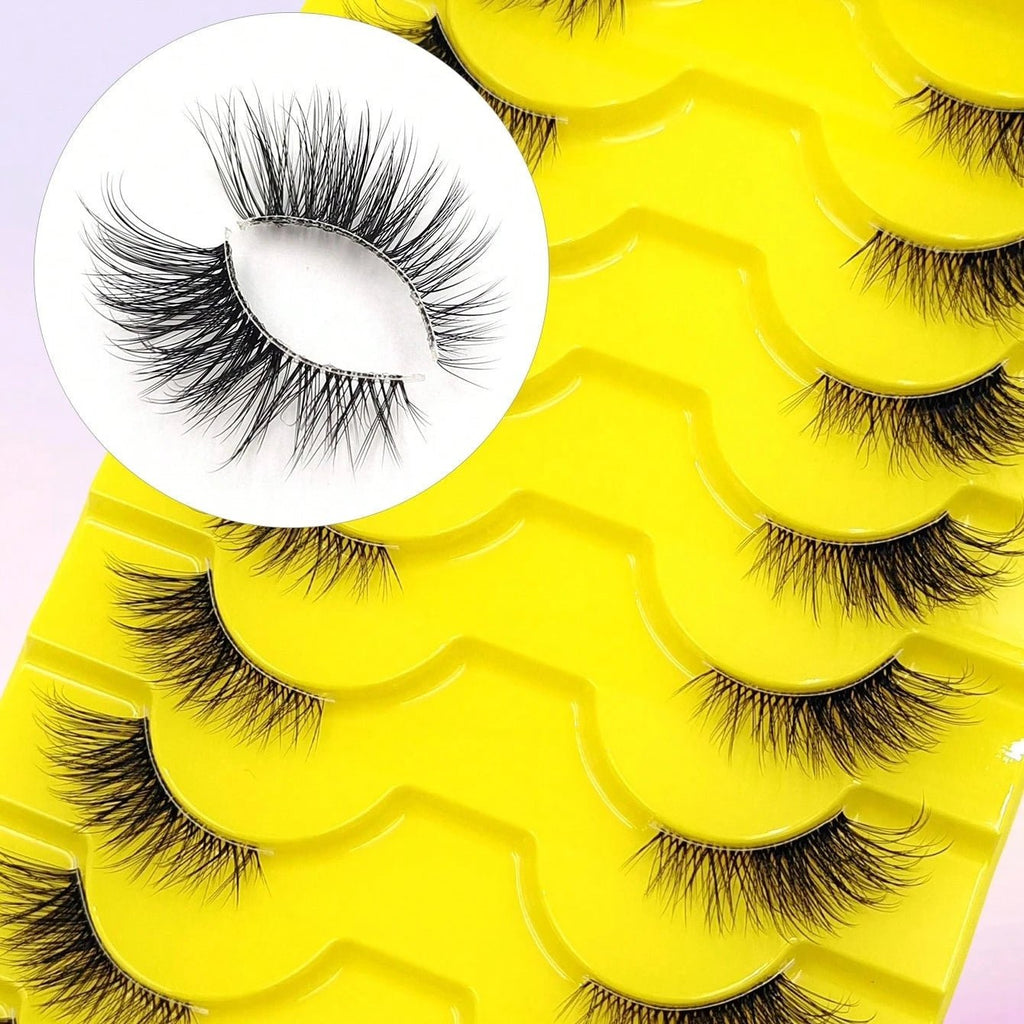 10 Pairs Wispy Cat Eye Faux Lashes — Natural Fluffy Volume for Everyday Glam - Mzunye
