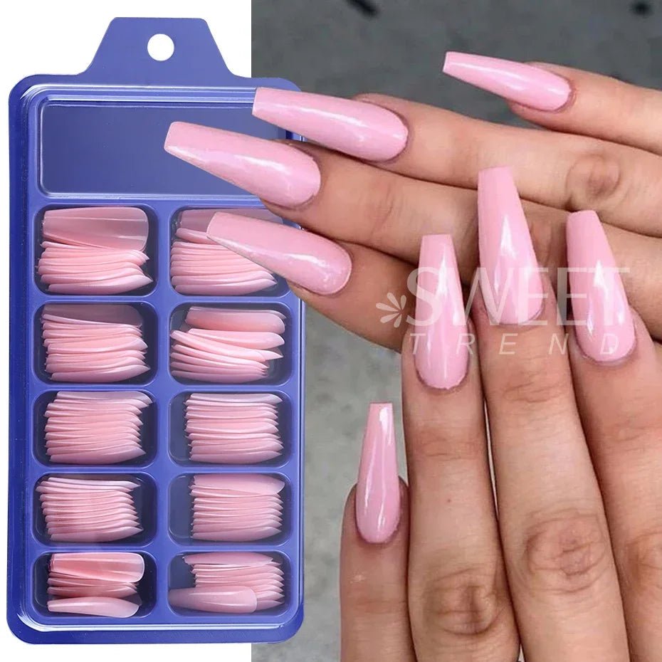 100pcs Coffin Press - On Nails — Long Full Cover Acrylic Nail Tips in Blush Pink & Clear - Mzunye
