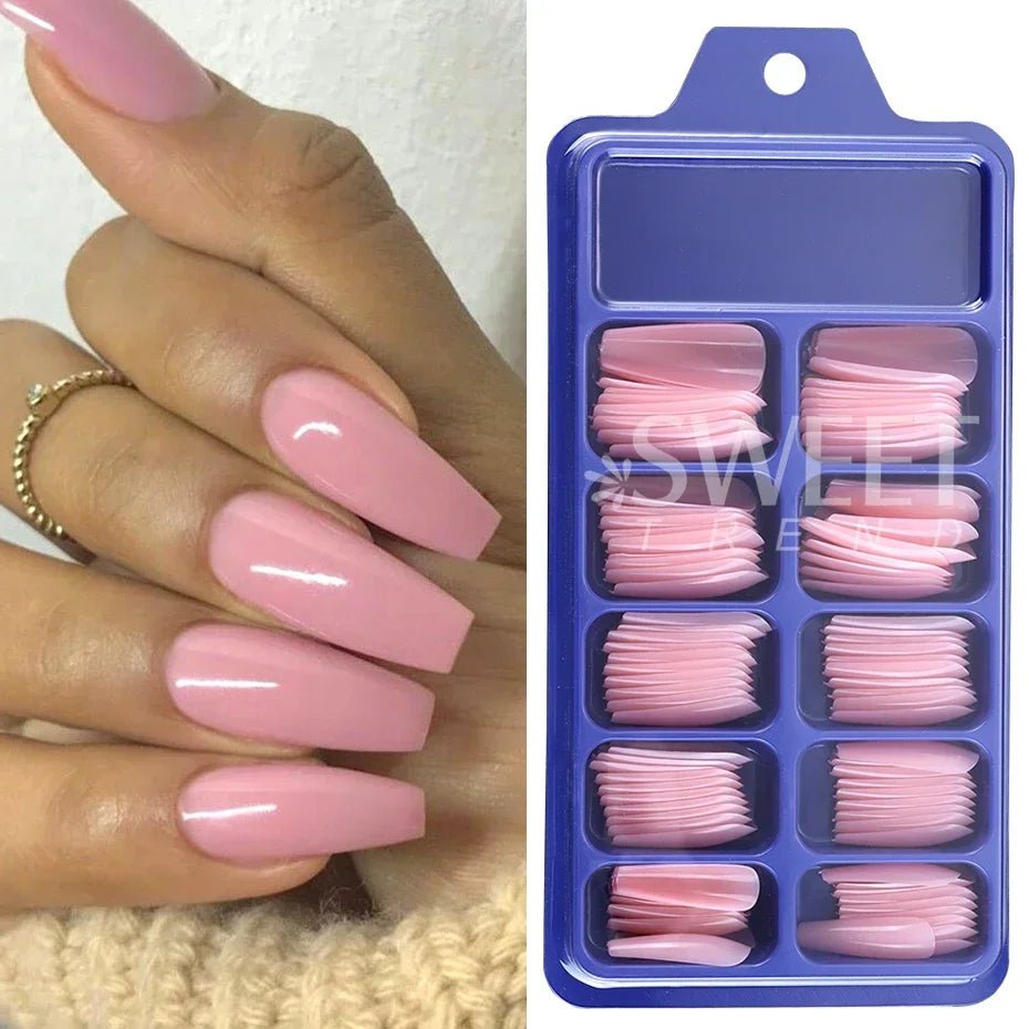 100pcs Coffin Press - On Nails — Long Full Cover Acrylic Nail Tips in Blush Pink & Clear - Mzunye