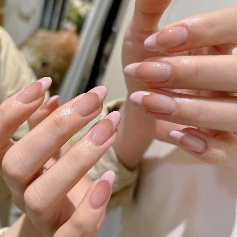 10pcs Handmade Natural Almond Press - On Nails — Crystal Clear Gradient French Full Cover Tips - Mzunye