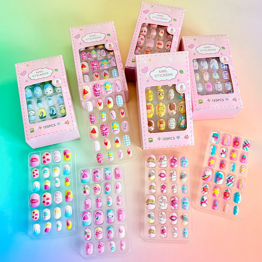 120pcs Cartoon Press - On Nails for Girls — 5 Cute Styles Kids Fake Nails Gift Set - Mzunye