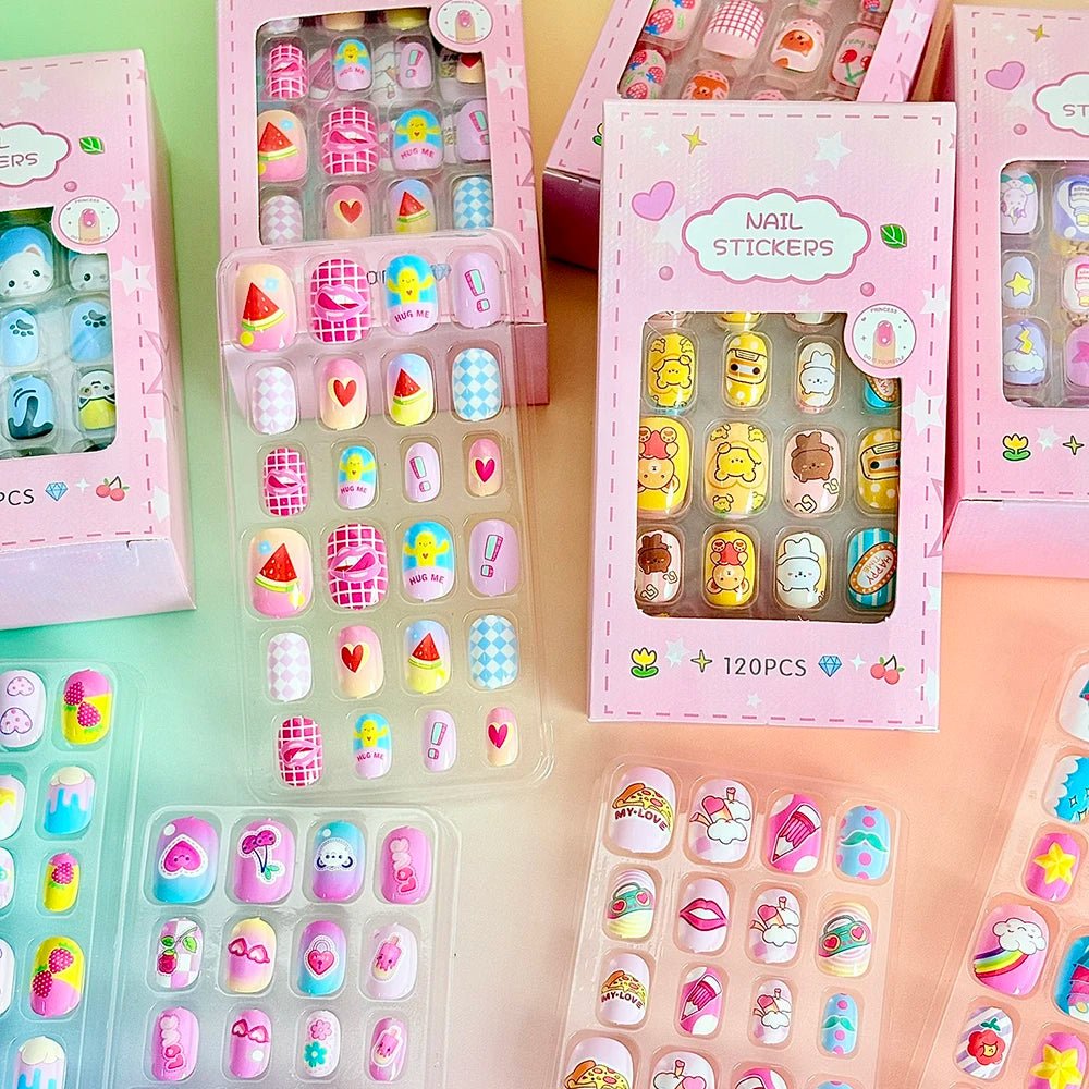 120pcs Cartoon Press - On Nails for Girls — 5 Cute Styles Kids Fake Nails Gift Set - Mzunye