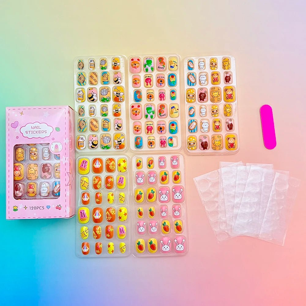 120pcs Cartoon Press - On Nails for Girls — 5 Cute Styles Kids Fake Nails Gift Set - Mzunye