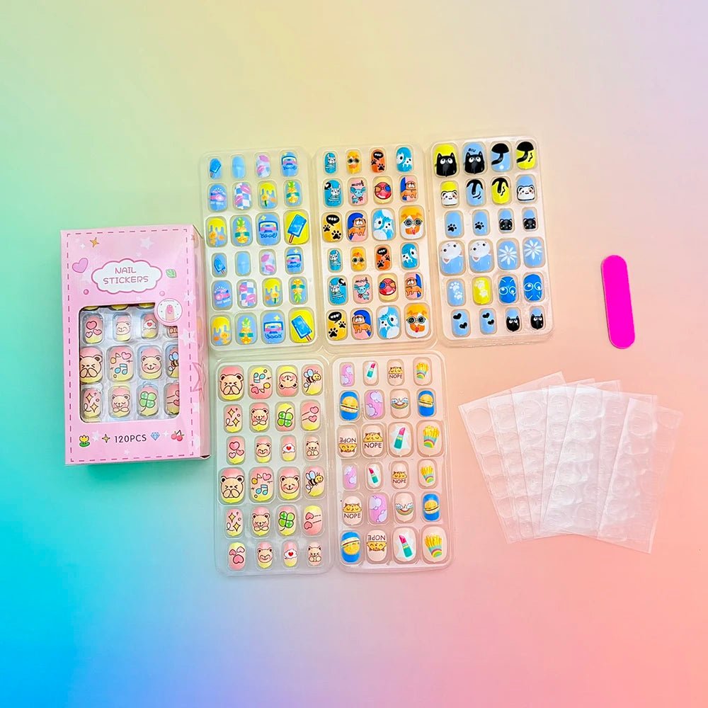 120pcs Cartoon Press - On Nails for Girls — 5 Cute Styles Kids Fake Nails Gift Set - Mzunye