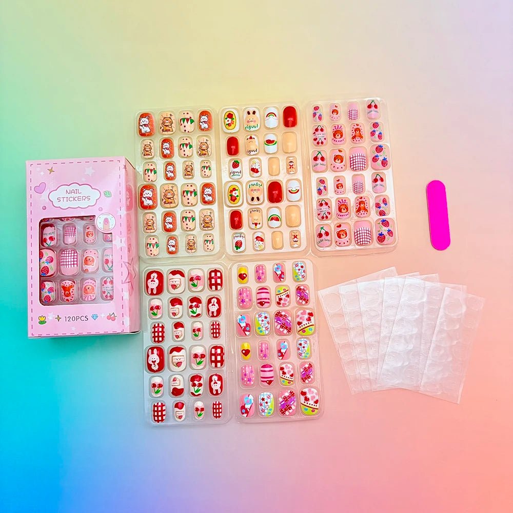 120pcs Cartoon Press - On Nails for Girls — 5 Cute Styles Kids Fake Nails Gift Set - Mzunye