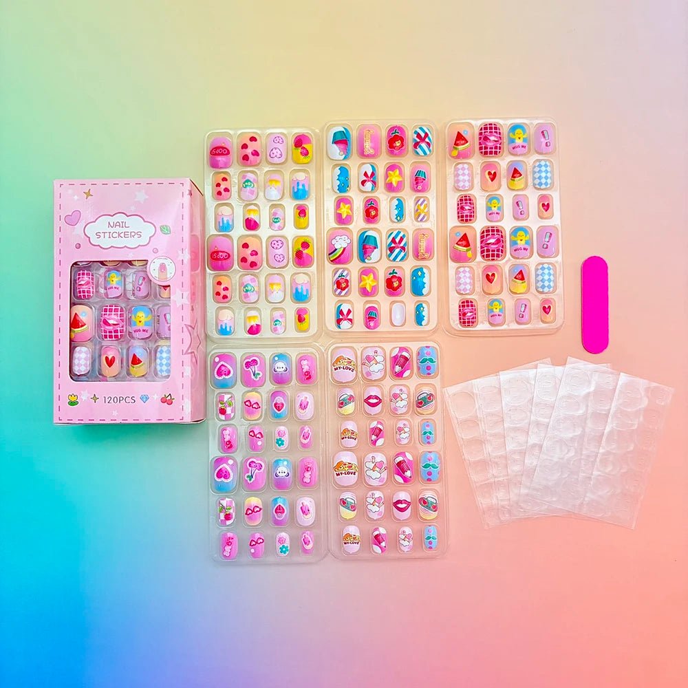 120pcs Cartoon Press - On Nails for Girls — 5 Cute Styles Kids Fake Nails Gift Set - Mzunye
