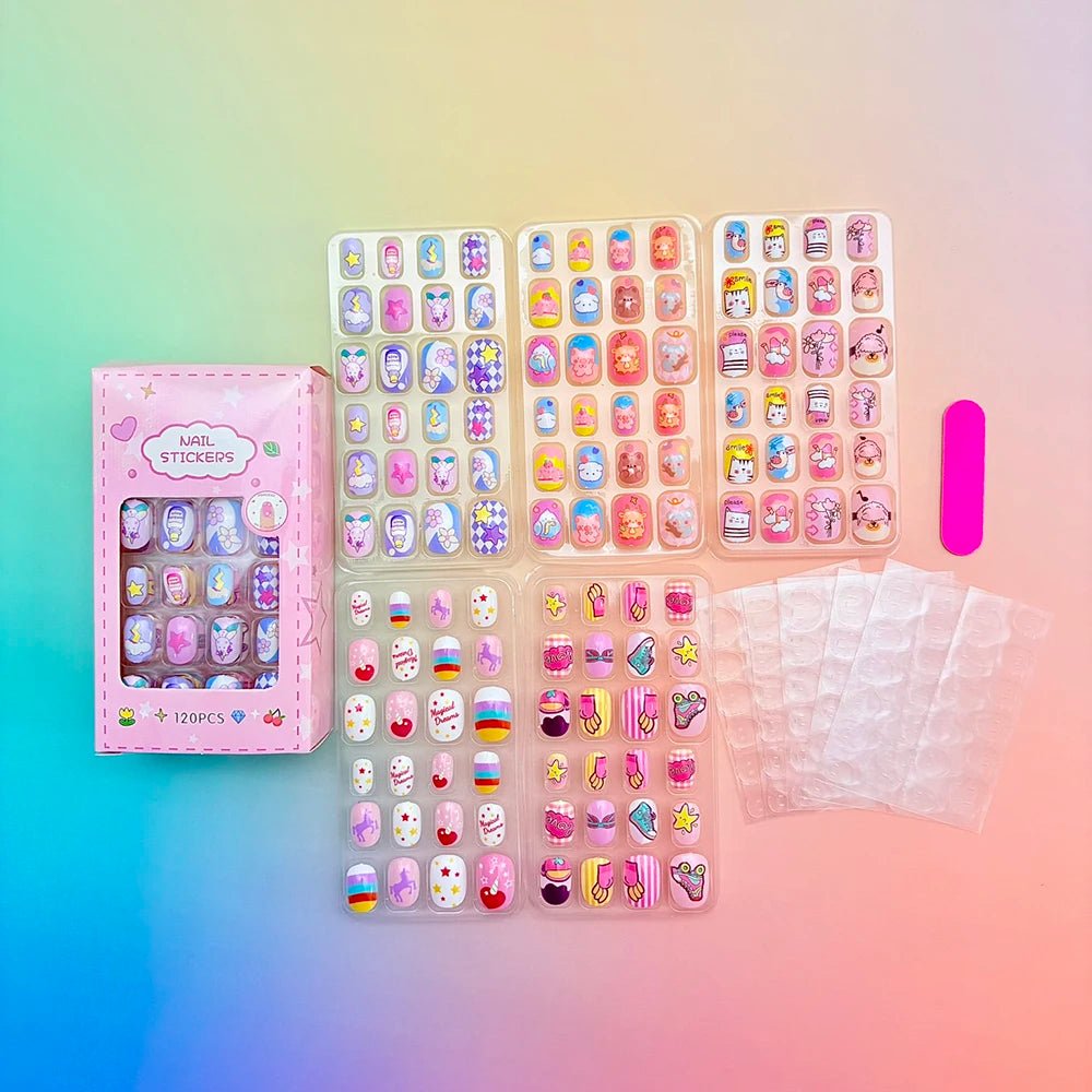 120pcs Cartoon Press - On Nails for Girls — 5 Cute Styles Kids Fake Nails Gift Set - Mzunye