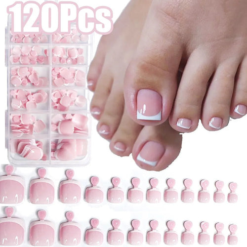 120pcs French Press - On Toenails — Glossy Blush Pink Square Short Fake Toe Nail Set - Mzunye