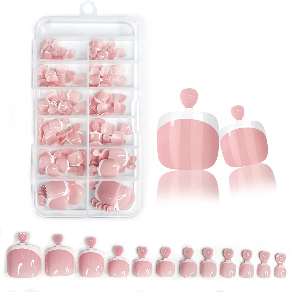 120pcs French Press - On Toenails — Glossy Blush Pink Square Short Fake Toe Nail Set - Mzunye
