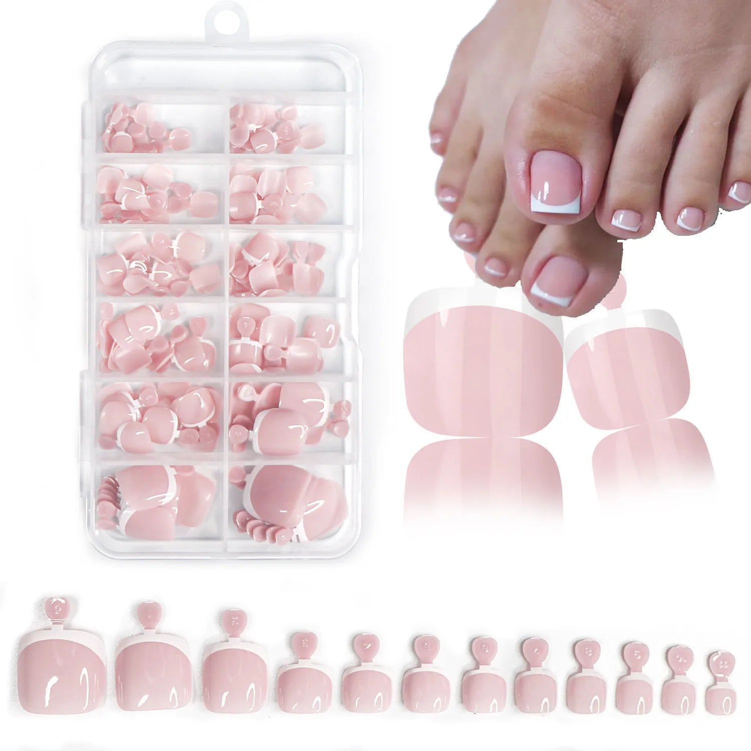 120pcs French Press - On Toenails — Glossy Blush Pink Square Short Fake Toe Nail Set - Mzunye