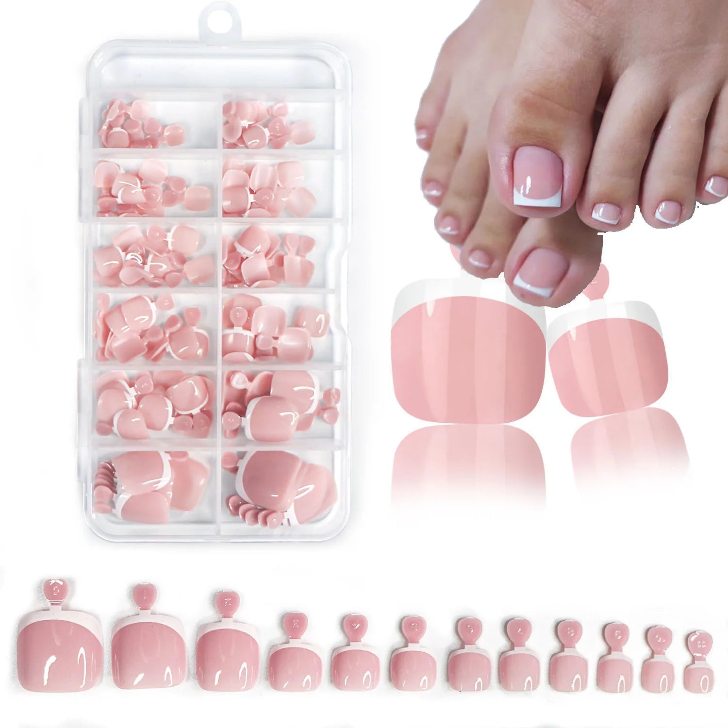 120pcs French Press - On Toenails — Glossy Blush Pink Square Short Fake Toe Nail Set - Mzunye