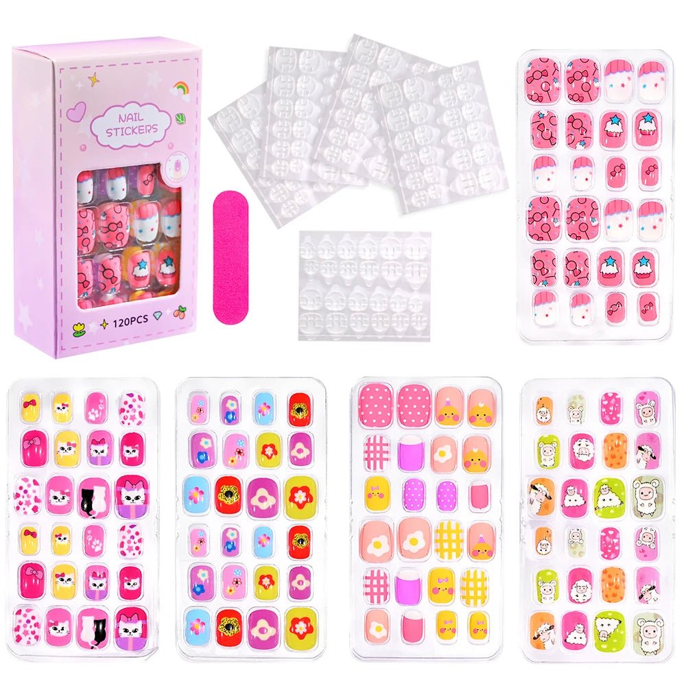 120pcs Kawaii Kids Press - On Nails — Cartoon Full Cover Short Fake Nails with Jelly Glue - Mzunye