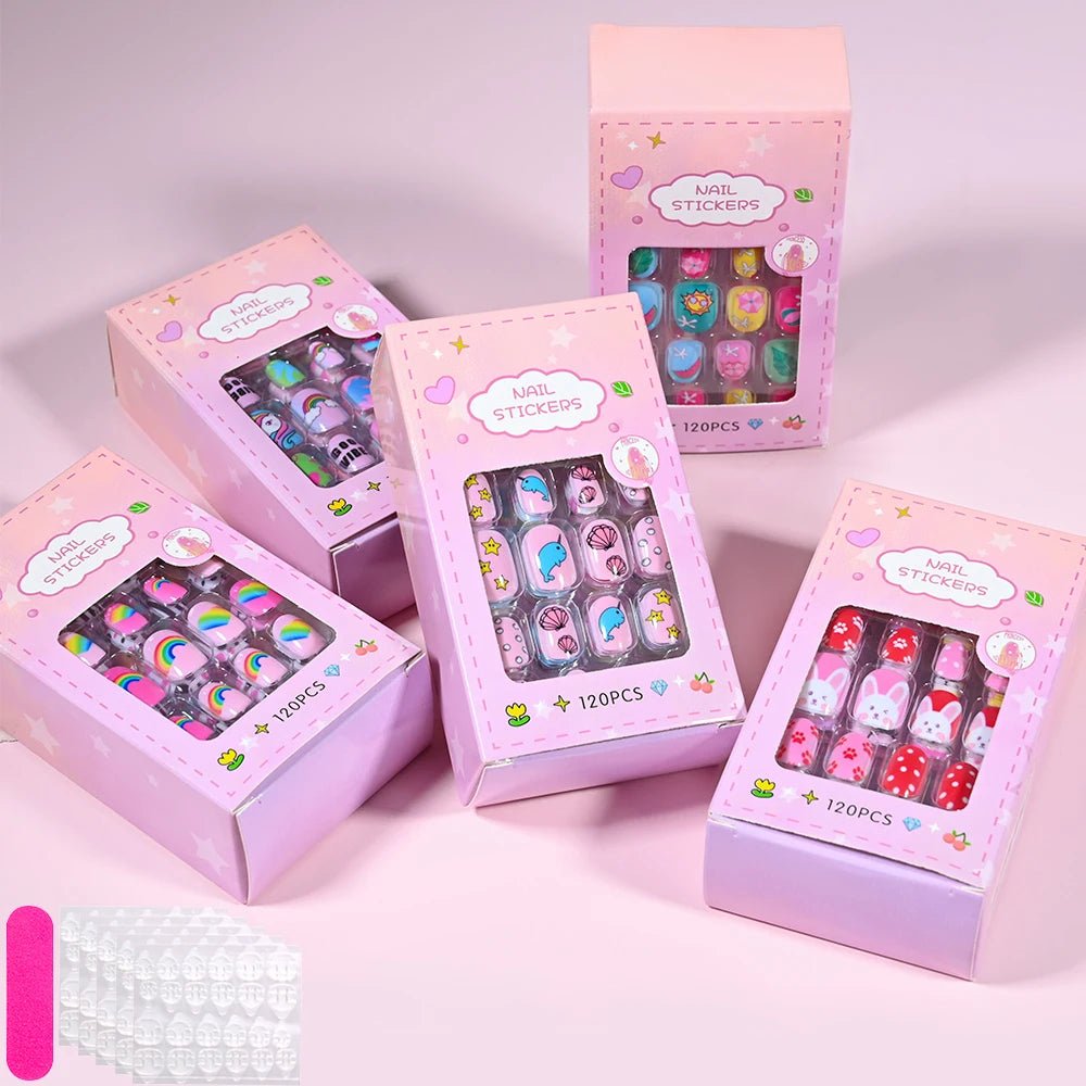 120pcs Kawaii Kids Press - On Nails — Cartoon Full Cover Short Fake Nails with Jelly Glue - Mzunye