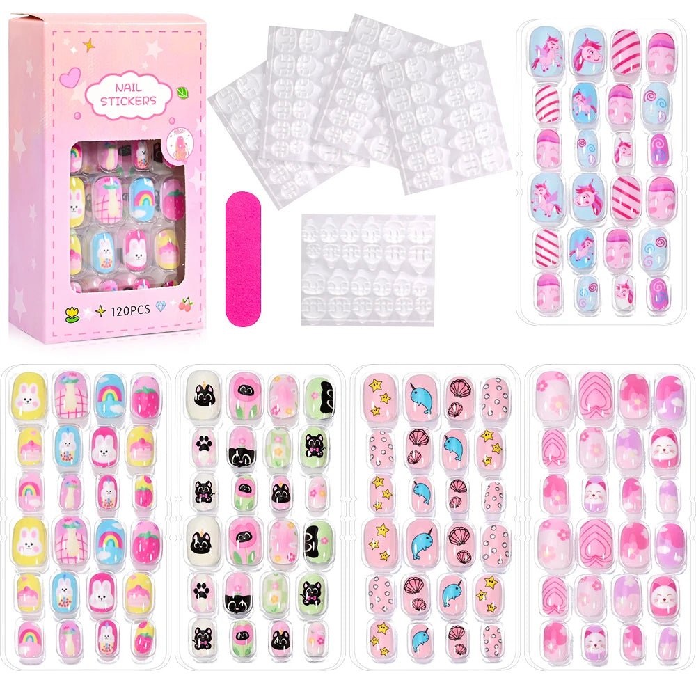 120pcs Kawaii Kids Press - On Nails — Cartoon Full Cover Short Fake Nails with Jelly Glue - Mzunye