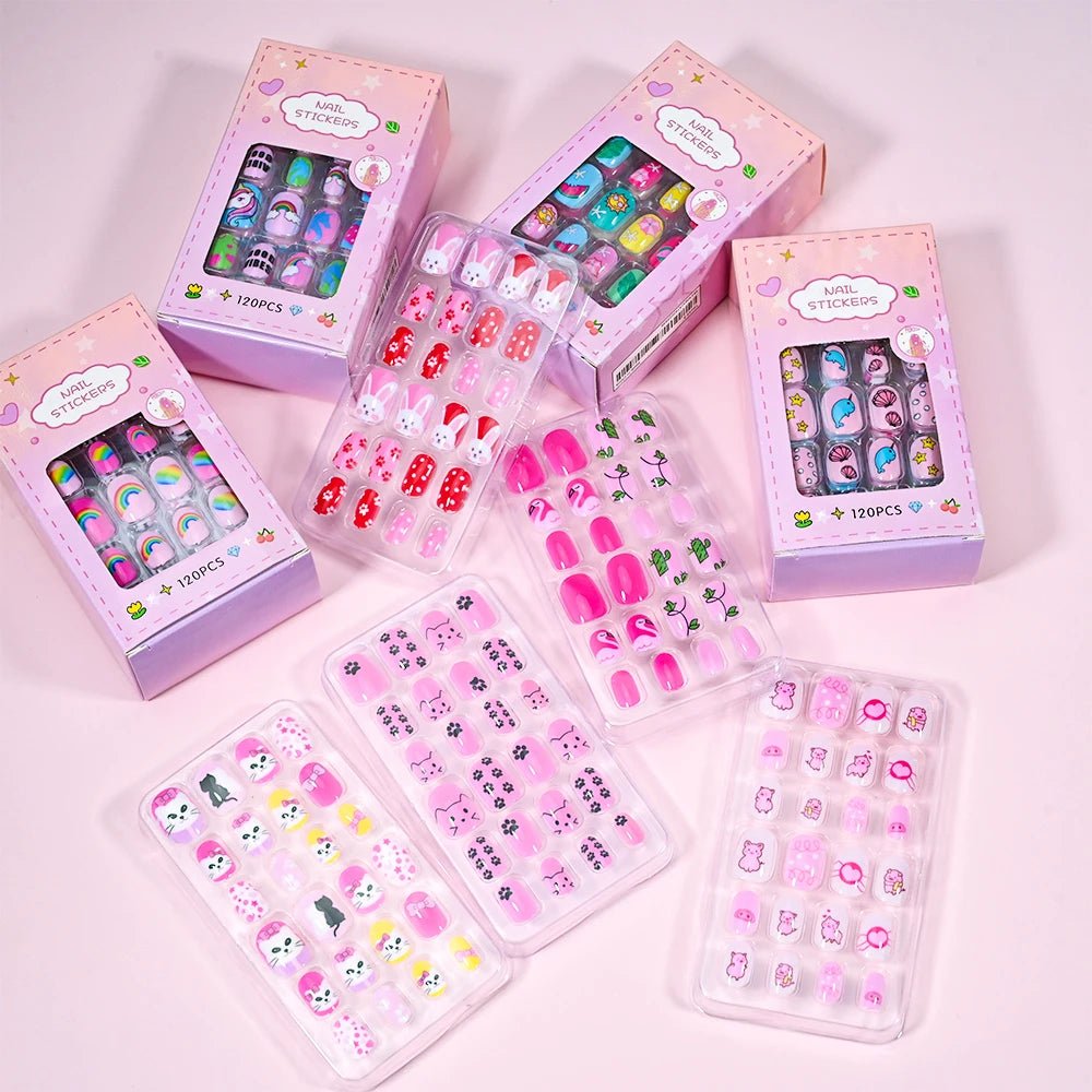 120pcs Kawaii Kids Press - On Nails — Cartoon Full Cover Short Fake Nails with Jelly Glue - Mzunye