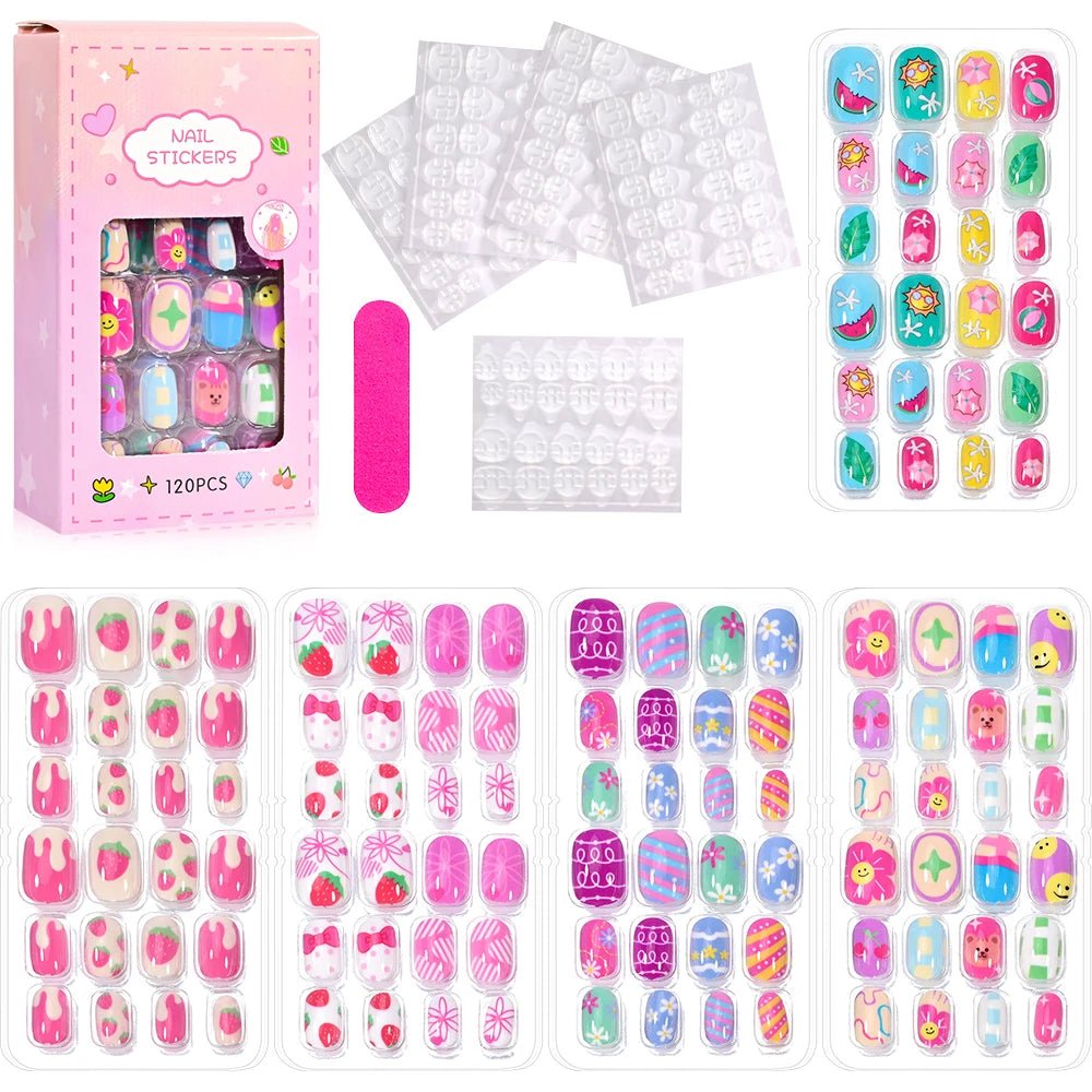 120pcs Kawaii Kids Press - On Nails — Cartoon Full Cover Short Fake Nails with Jelly Glue - Mzunye