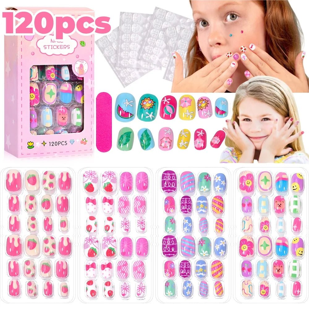 120pcs Kawaii Kids Press - On Nails — Cartoon Full Cover Short Fake Nails with Jelly Glue - Mzunye