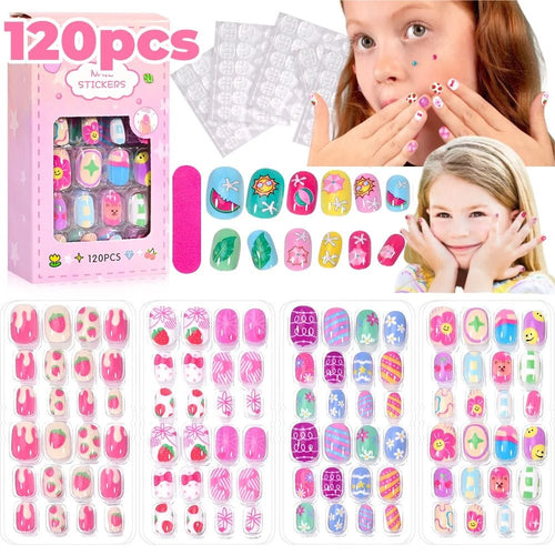 120pcs Kawaii Kids Press - On Nails — Cartoon Full Cover Short Fake Nails with Jelly Glue - Mzunye