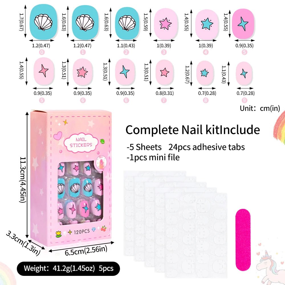 120pcs Kawaii Kids Press - On Nails — Cartoon Full Cover Short Fake Nails with Jelly Glue - Mzunye