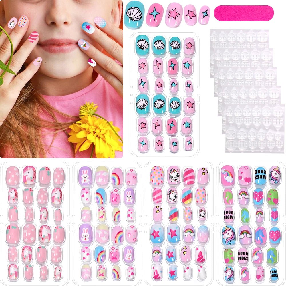 120pcs Kawaii Kids Press - On Nails — Cartoon Full Cover Short Fake Nails with Jelly Glue - Mzunye