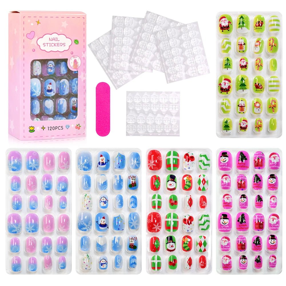 120pcs Kawaii Kids Press - On Nails — Cartoon Full Cover Short Fake Nails with Jelly Glue - Mzunye