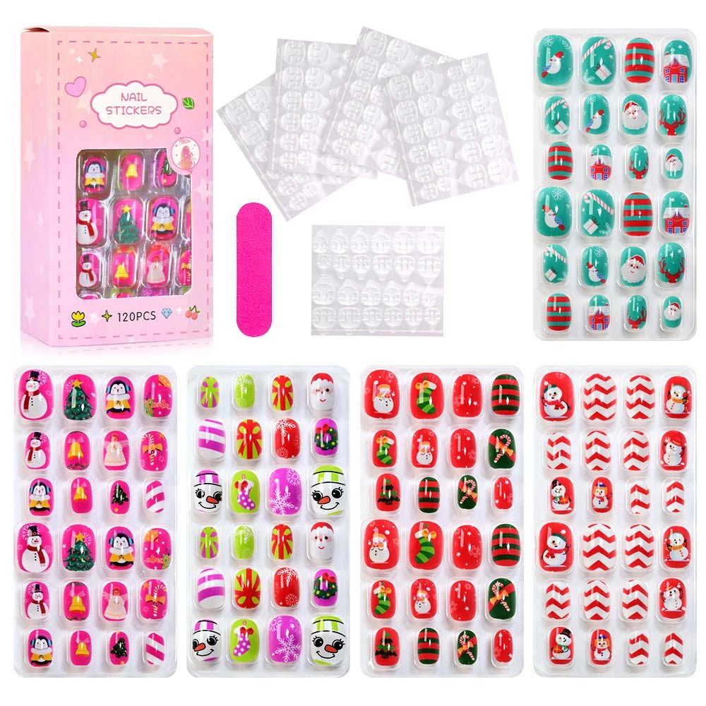 120pcs Kawaii Kids Press - On Nails — Cartoon Full Cover Short Fake Nails with Jelly Glue - Mzunye