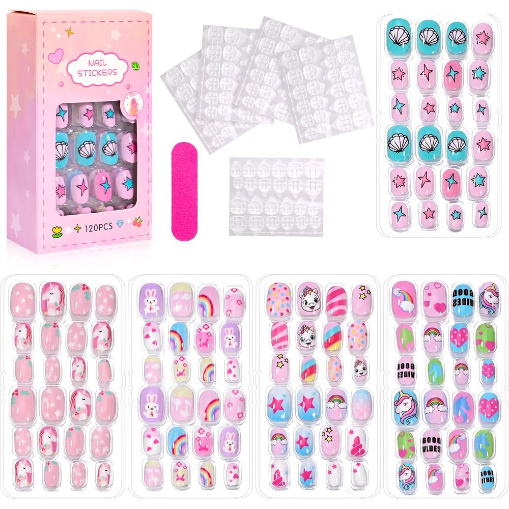 120pcs Kawaii Kids Press - On Nails — Cartoon Full Cover Short Fake Nails with Jelly Glue - Mzunye