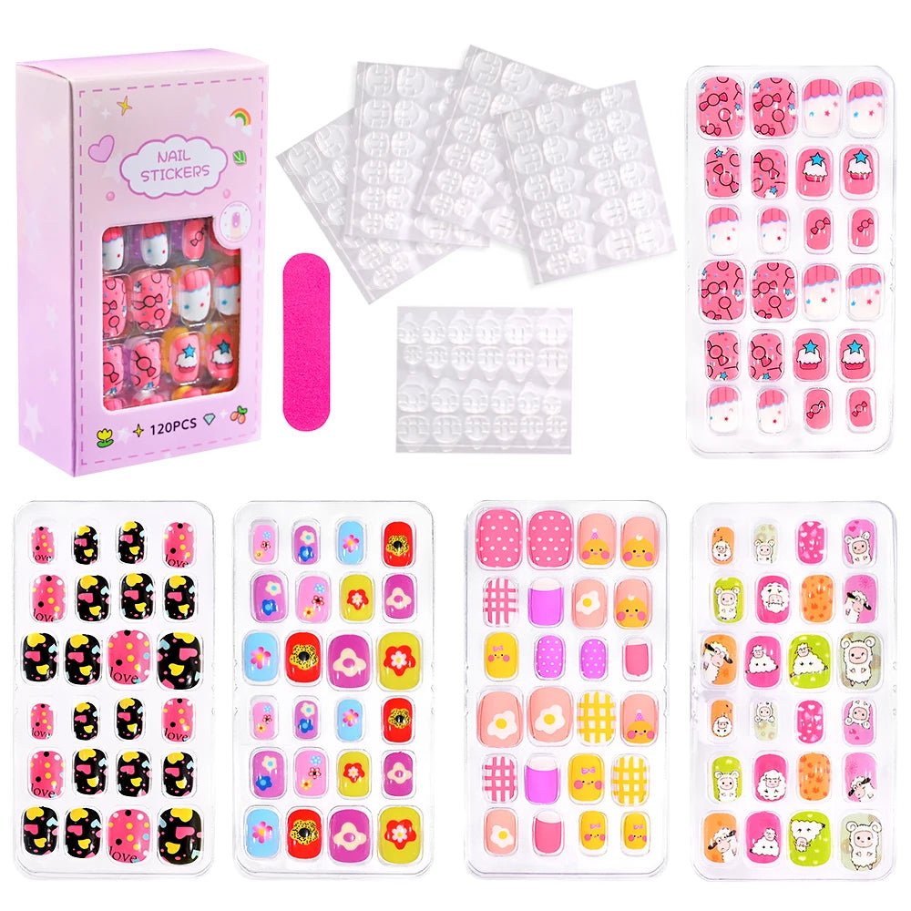120pcs Kawaii Kids Press - On Nails — Cartoon Full Cover Short Fake Nails with Jelly Glue - Mzunye