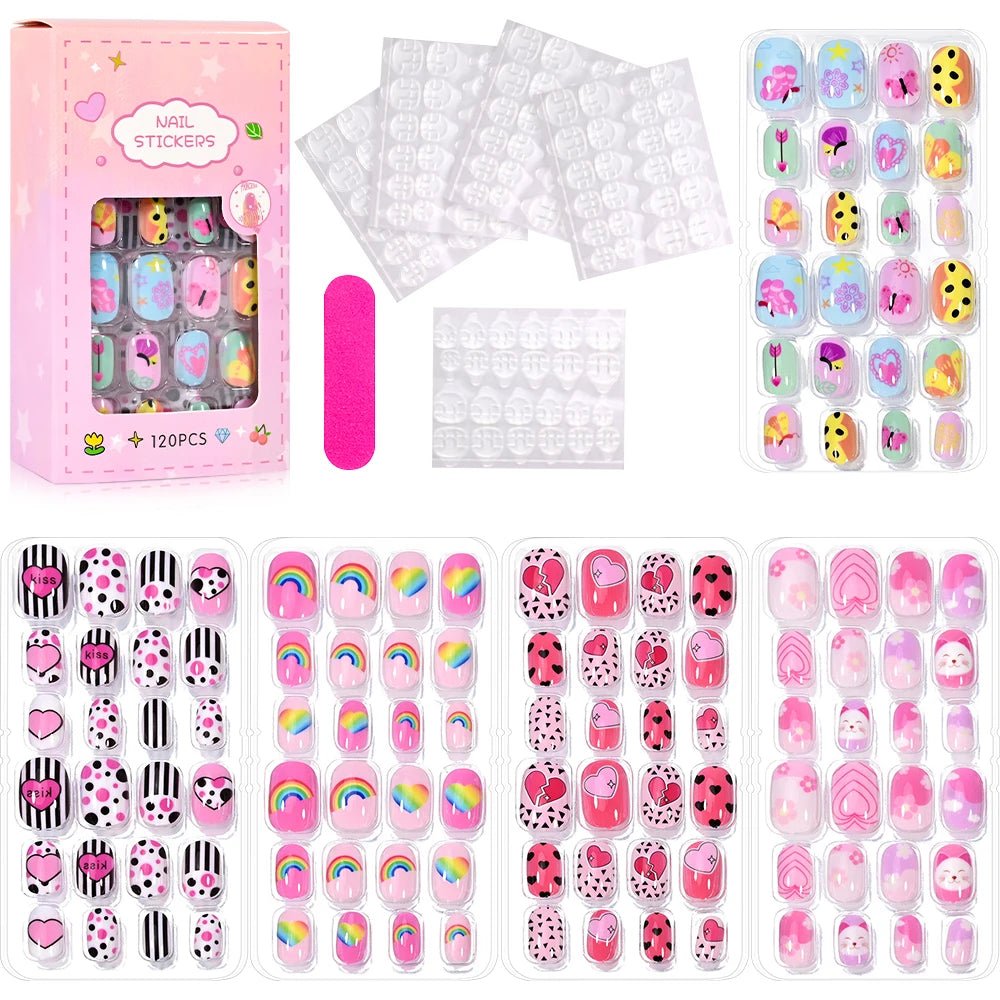 120pcs Kawaii Kids Press - On Nails — Cartoon Full Cover Short Fake Nails with Jelly Glue - Mzunye