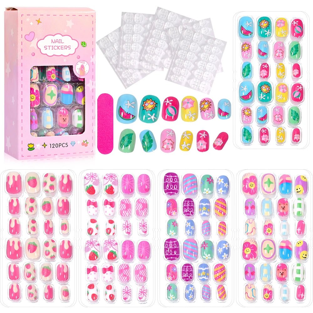 120pcs Kawaii Kids Press - On Nails — Cartoon Full Cover Short Fake Nails with Jelly Glue - Mzunye