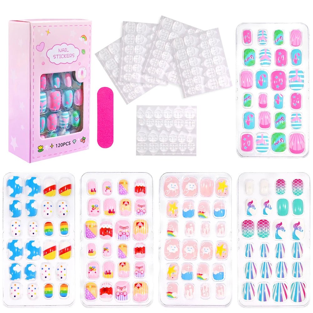 120pcs Kawaii Kids Press - On Nails — Cartoon Full Cover Short Fake Nails with Jelly Glue - Mzunye