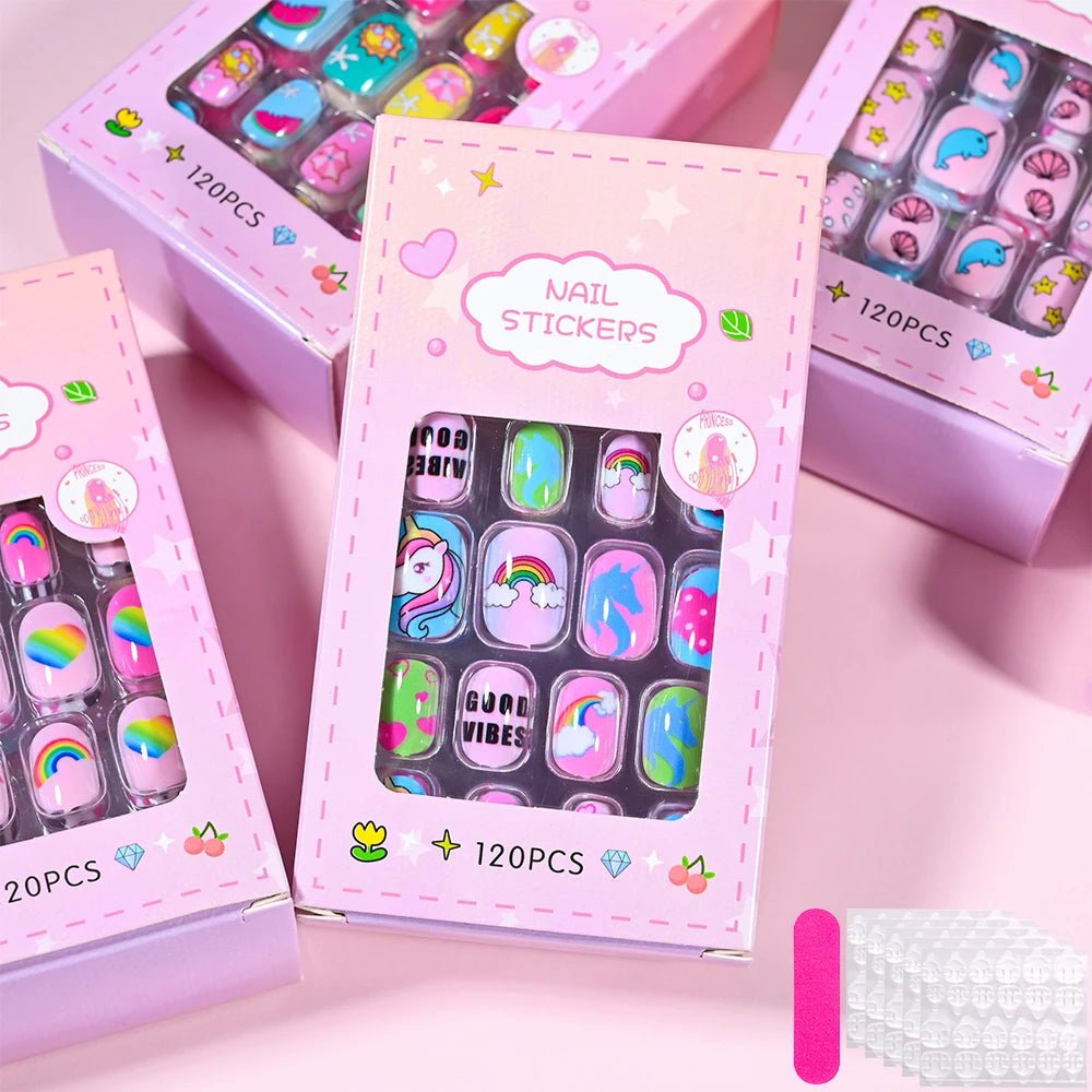 120pcs Kawaii Kids Press - On Nails — Cartoon Full Cover Short Fake Nails with Jelly Glue - Mzunye