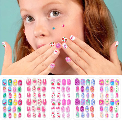 120pcs Kawaii Kids Press - On Nails — Cartoon Full Cover Short Fake Nails with Jelly Glue - Mzunye