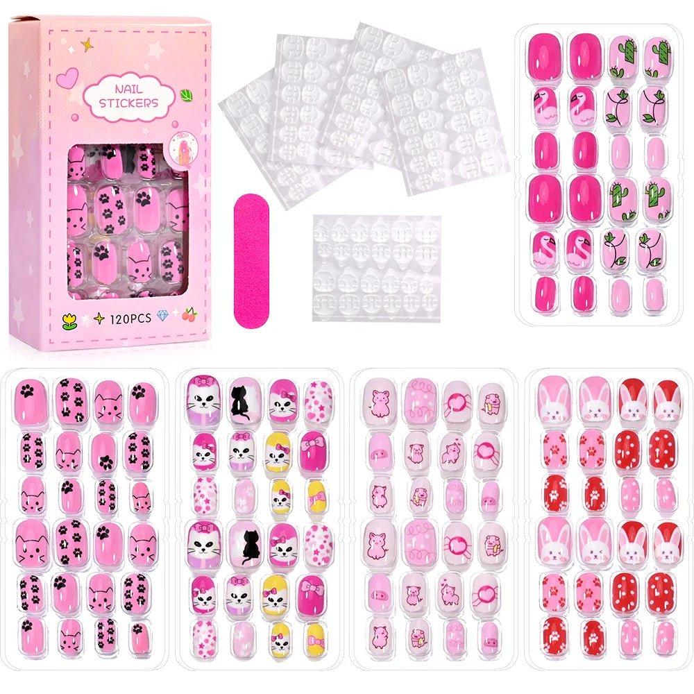 120pcs Kawaii Kids Press - On Nails — Cartoon Full Cover Short Fake Nails with Jelly Glue - Mzunye