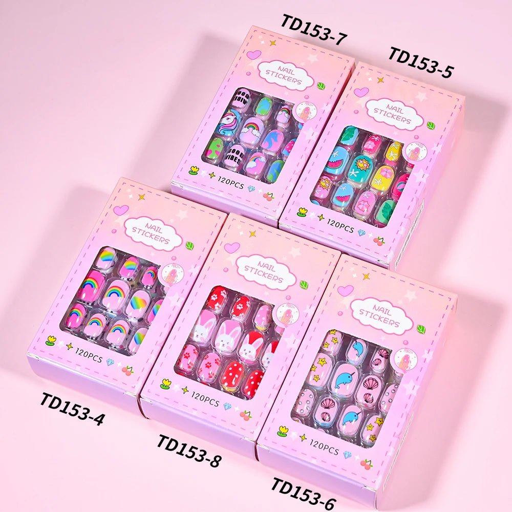 120pcs Kawaii Kids Press - On Nails — Cartoon Full Cover Short Fake Nails with Jelly Glue - Mzunye