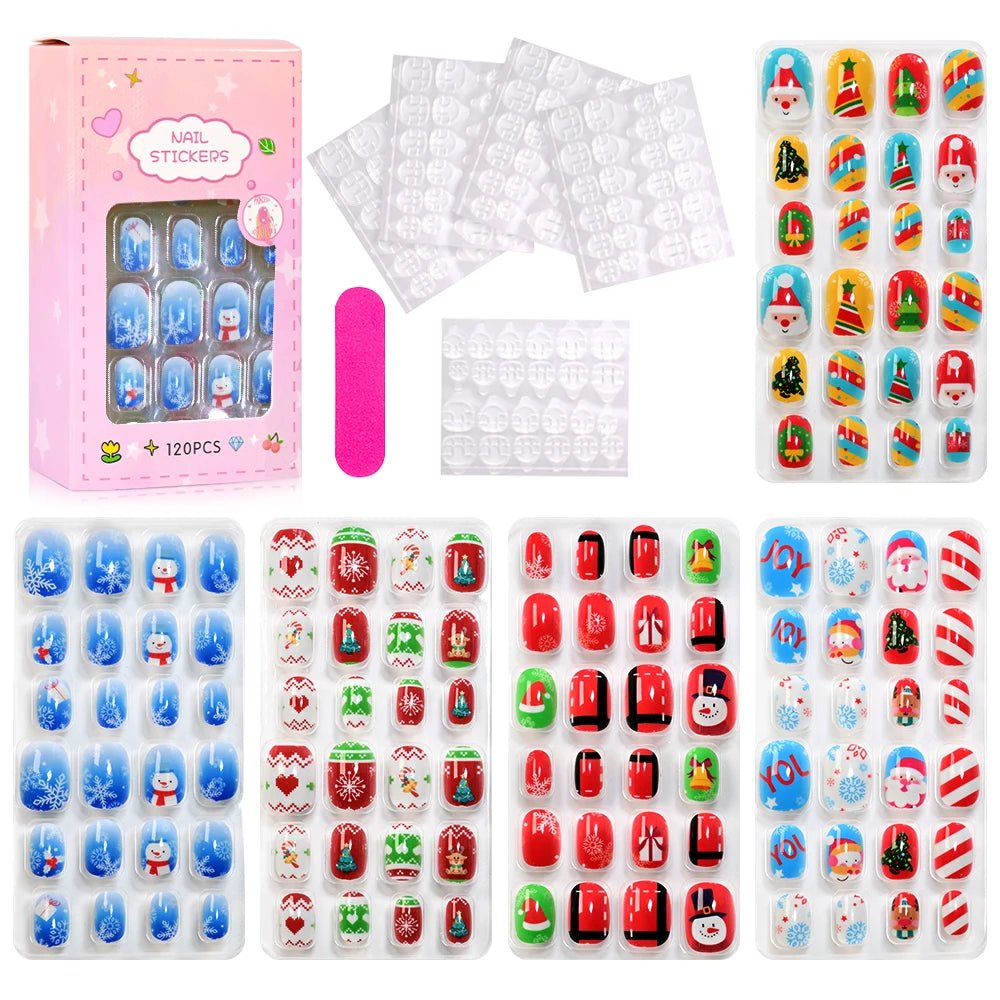 120pcs Kawaii Kids Press - On Nails — Cartoon Full Cover Short Fake Nails with Jelly Glue - Mzunye