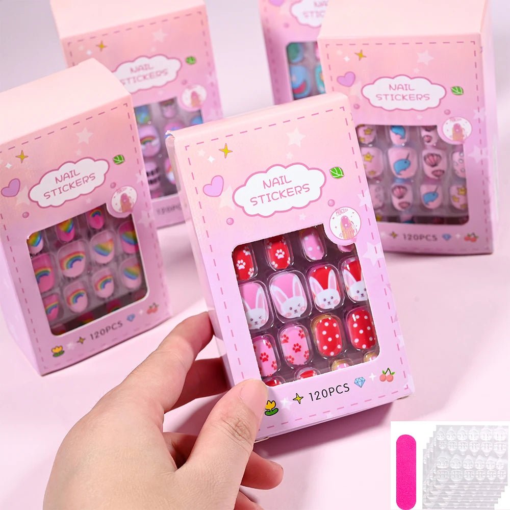 120pcs Kawaii Kids Press - On Nails — Cartoon Full Cover Short Fake Nails with Jelly Glue - Mzunye
