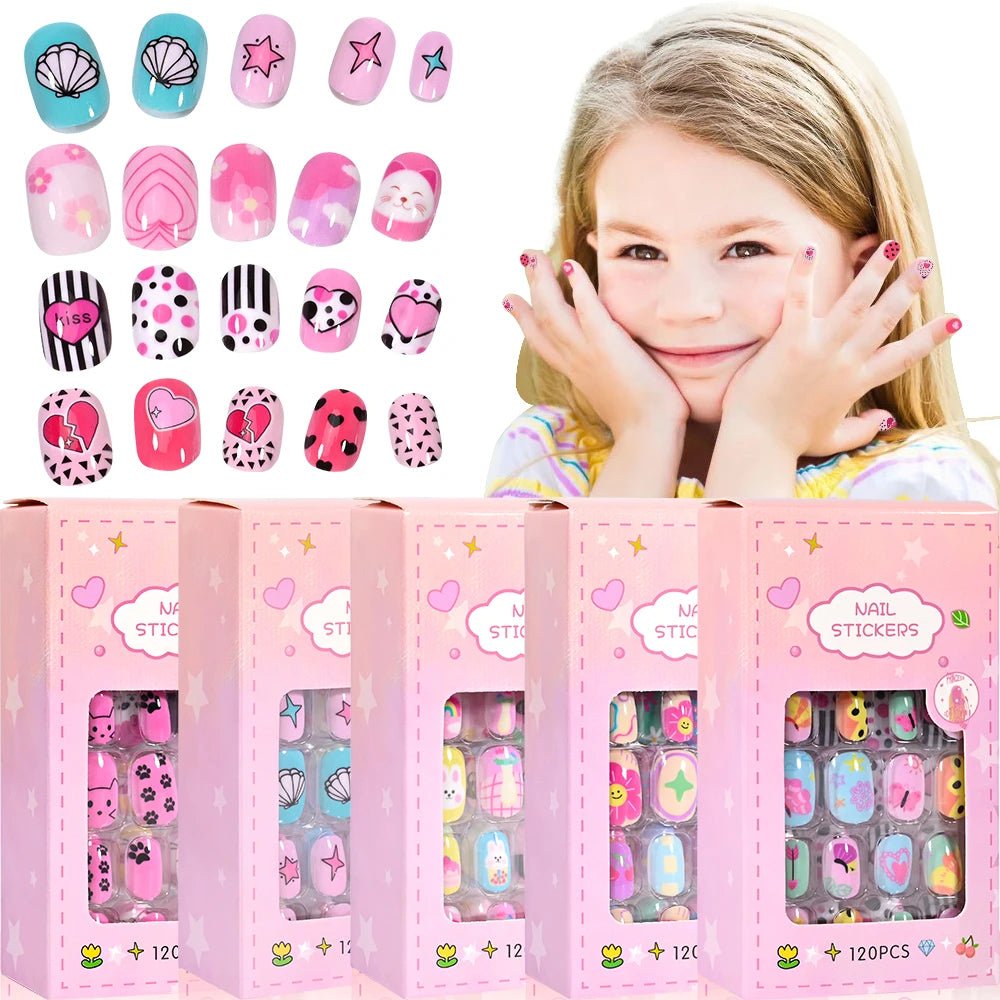 120pcs Kawaii Kids Press - On Nails — Cartoon Full Cover Short Fake Nails with Jelly Glue - Mzunye