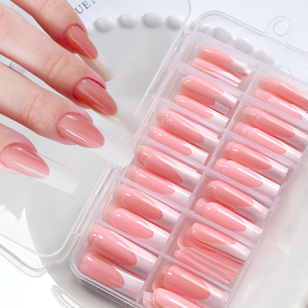120pcs Long Square French Press - On Nails — Glossy & Matte Pink White Edge Full Cover Set - Mzunye