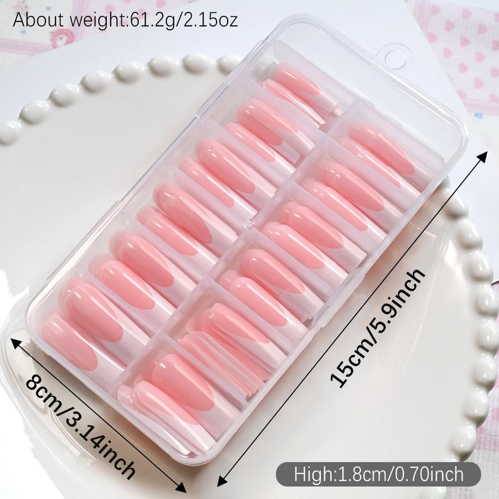 120pcs Long Square French Press - On Nails — Glossy & Matte Pink White Edge Full Cover Set - Mzunye
