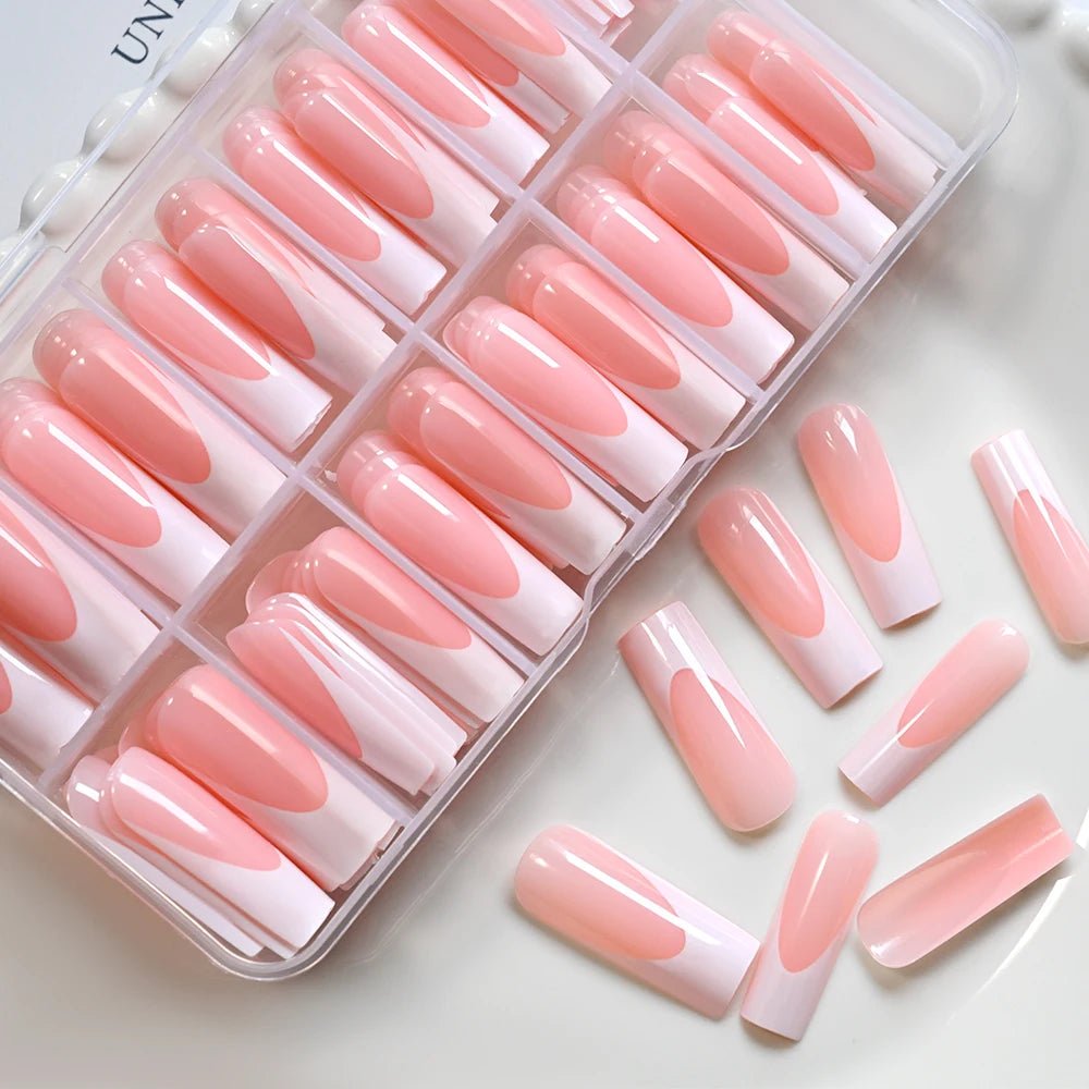 120pcs Long Square French Press - On Nails — Glossy & Matte Pink White Edge Full Cover Set - Mzunye