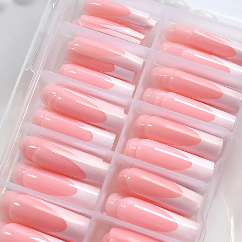 120pcs Long Square French Press - On Nails — Glossy & Matte Pink White Edge Full Cover Set - Mzunye