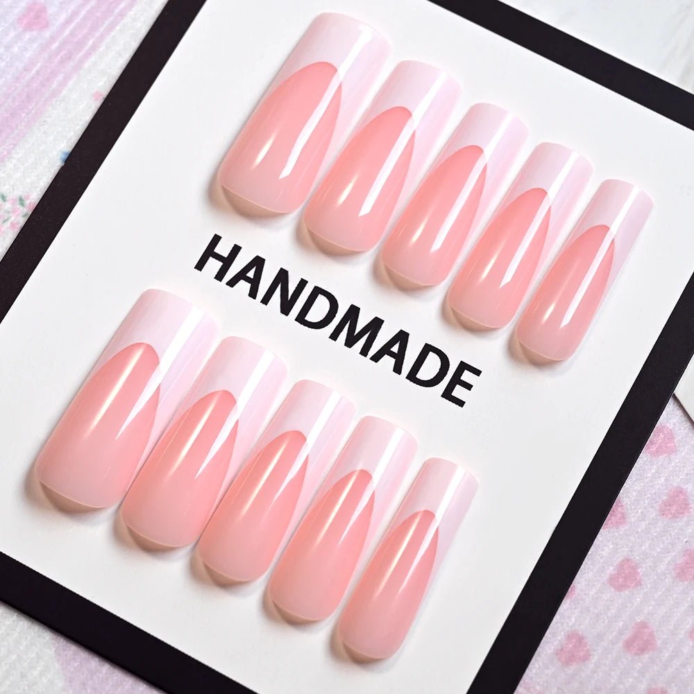 120pcs Long Square French Press - On Nails — Glossy & Matte Pink White Edge Full Cover Set - Mzunye