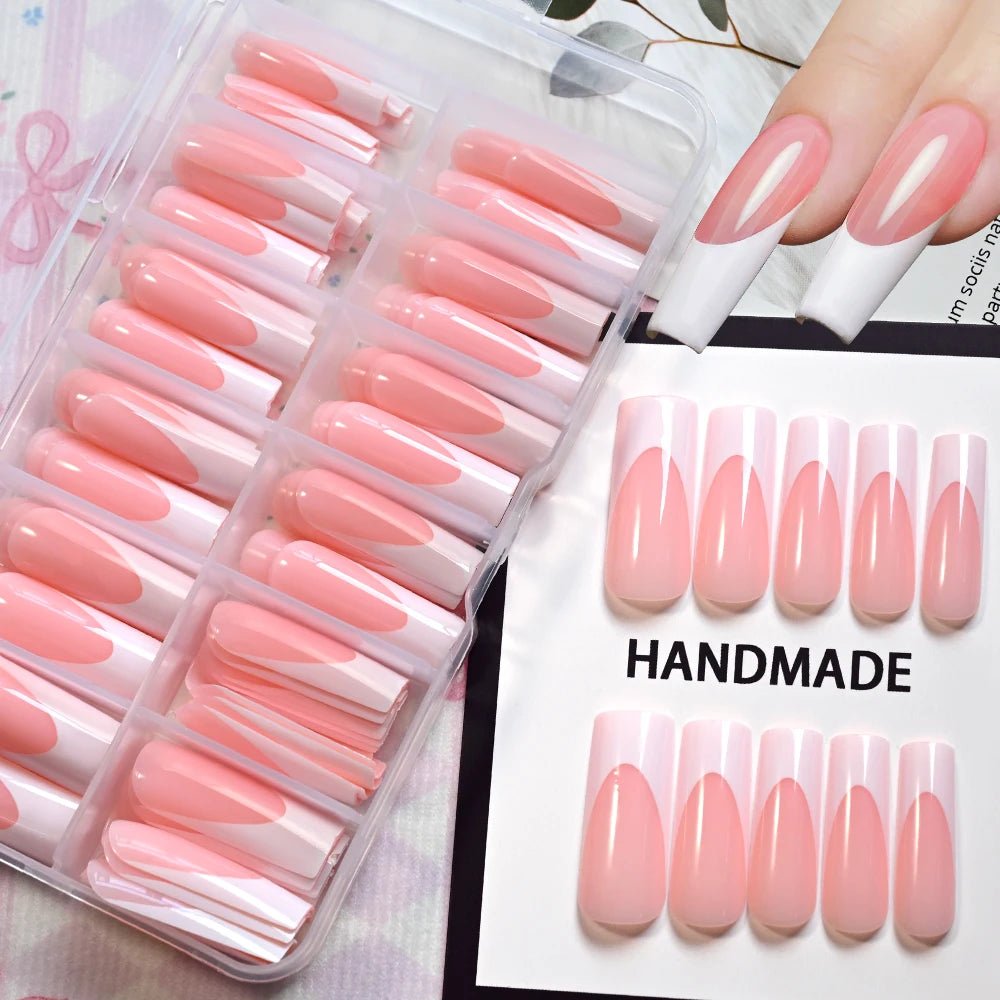 120pcs Long Square French Press - On Nails — Glossy & Matte Pink White Edge Full Cover Set - Mzunye