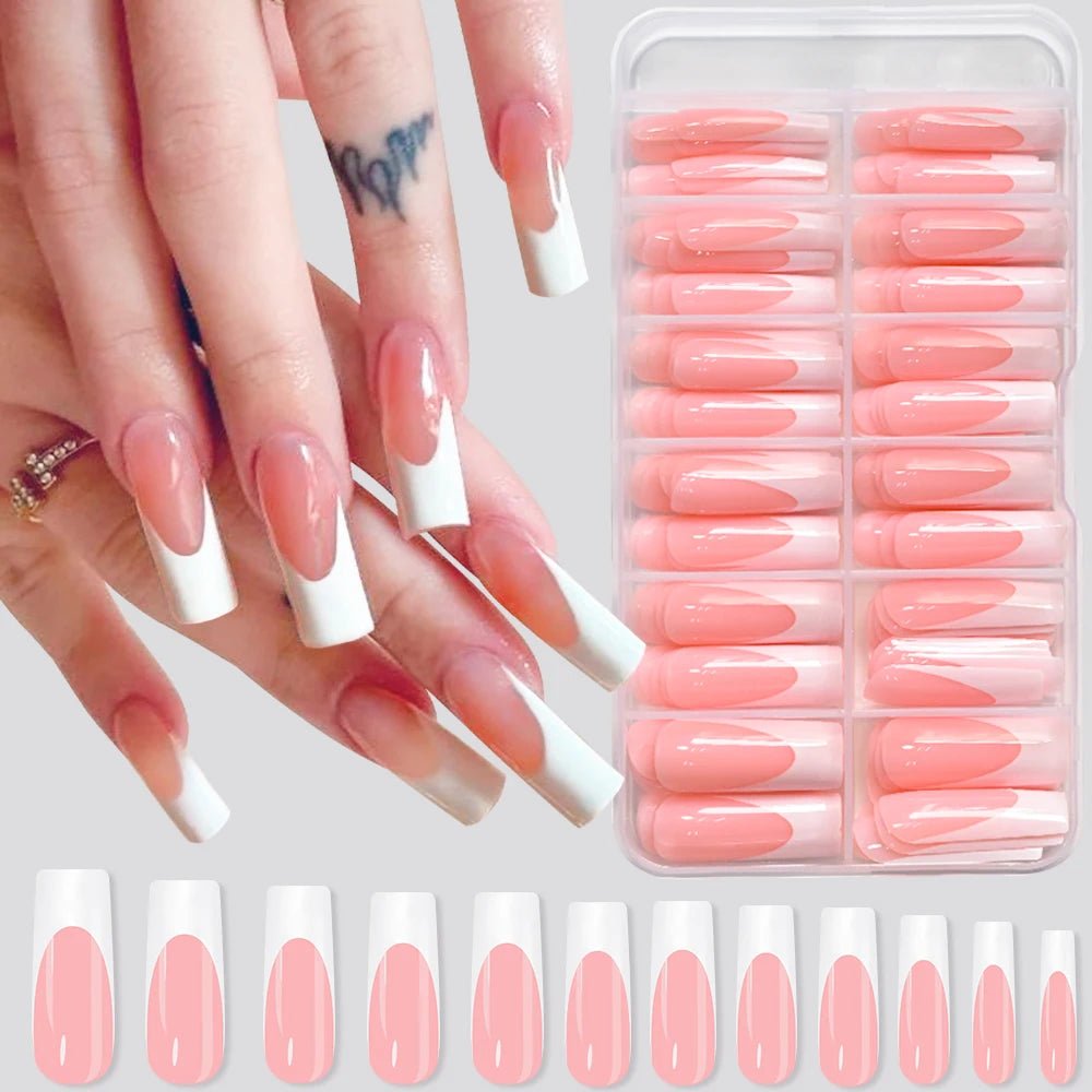 120pcs Long Square French Press - On Nails — Glossy & Matte Pink White Edge Full Cover Set - Mzunye