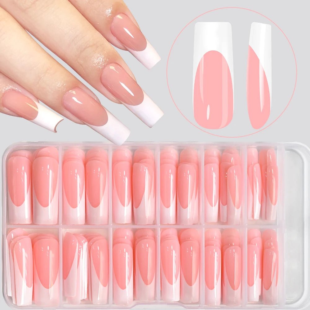 120pcs Long Square French Press - On Nails — Glossy & Matte Pink White Edge Full Cover Set - Mzunye