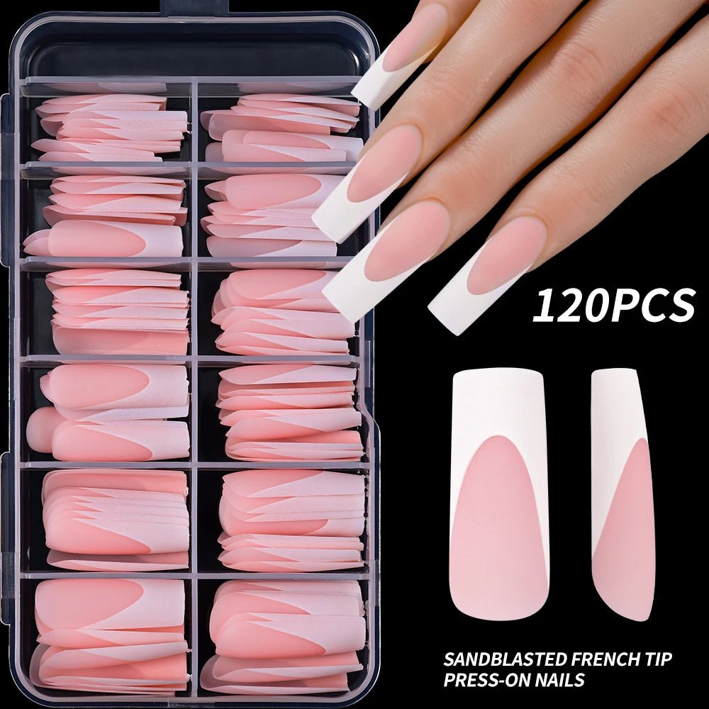 120pcs Long Square French Press - On Nails — Glossy & Matte Pink White Edge Full Cover Set - Mzunye