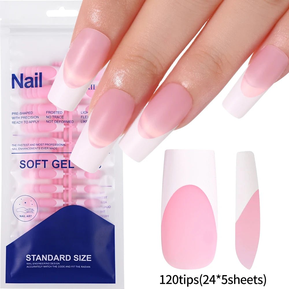120pcs Long Square French Press - On Nails — Glossy & Matte Pink White Edge Full Cover Set - Mzunye